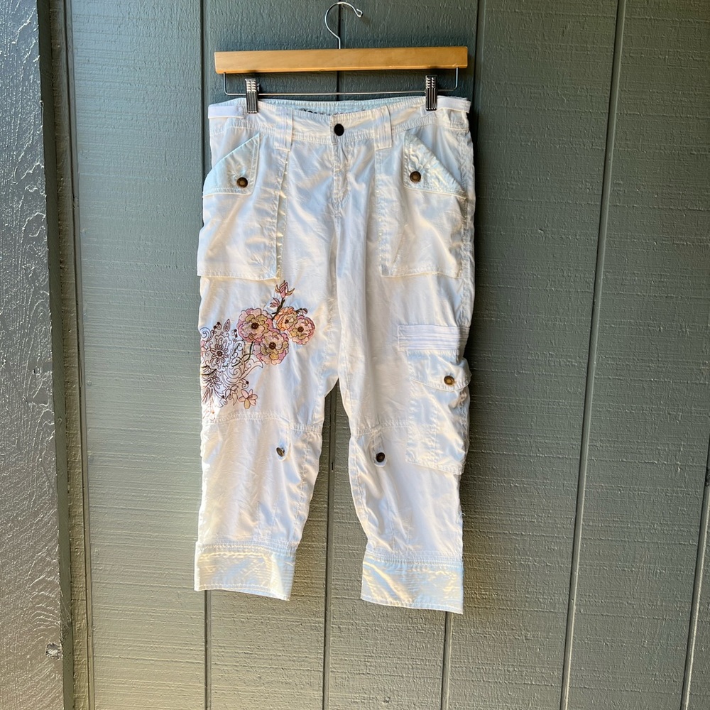 Sugar Lips White Floral Hummingbird Embroidered Silky Cargo Pant